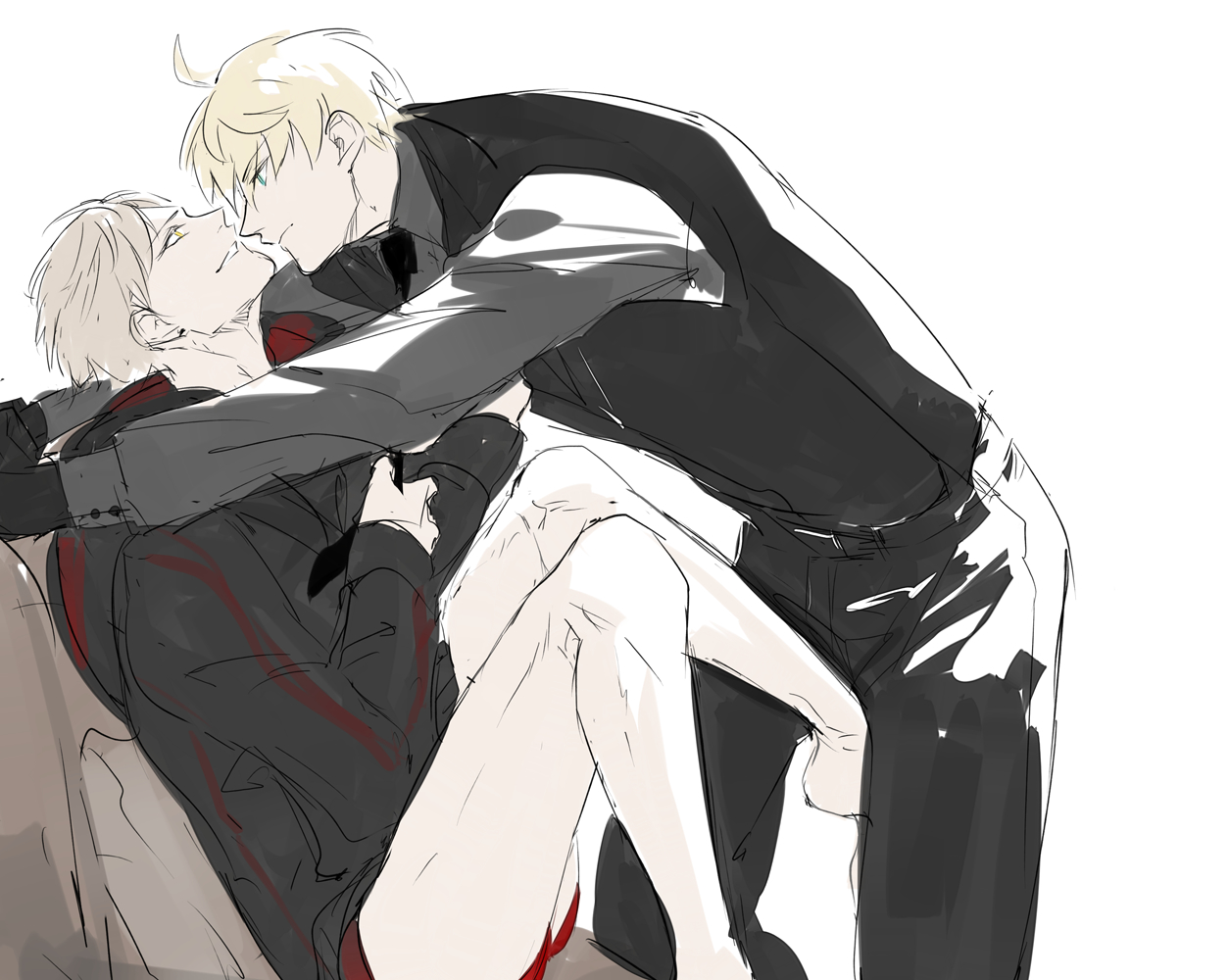 pvc parfait, arthur pendragon (fate), arthur pendragon alter (fate), fate/grand order, fate (series), 2boys, ahoge, aqua eyes, barefoot, belt, black belt, black gloves, black hoodie, black necktie, black pants, black vest, blonde hair, buttons, chair, closed mouth, cowboy shot, dual persona, formal clothes, gloves, grey shirt, hair between eyes, hood, hoodie, long sleeves, looking at another, male focus, male underwear, multiple boys, necktie, on chair, pants, pillow, red male underwear, selfcest, shirt, short hair, simple background, sitting, smile, standing, teeth, underwear, v-shaped eyebrows, vest, white background, yaoi, yellow eyes