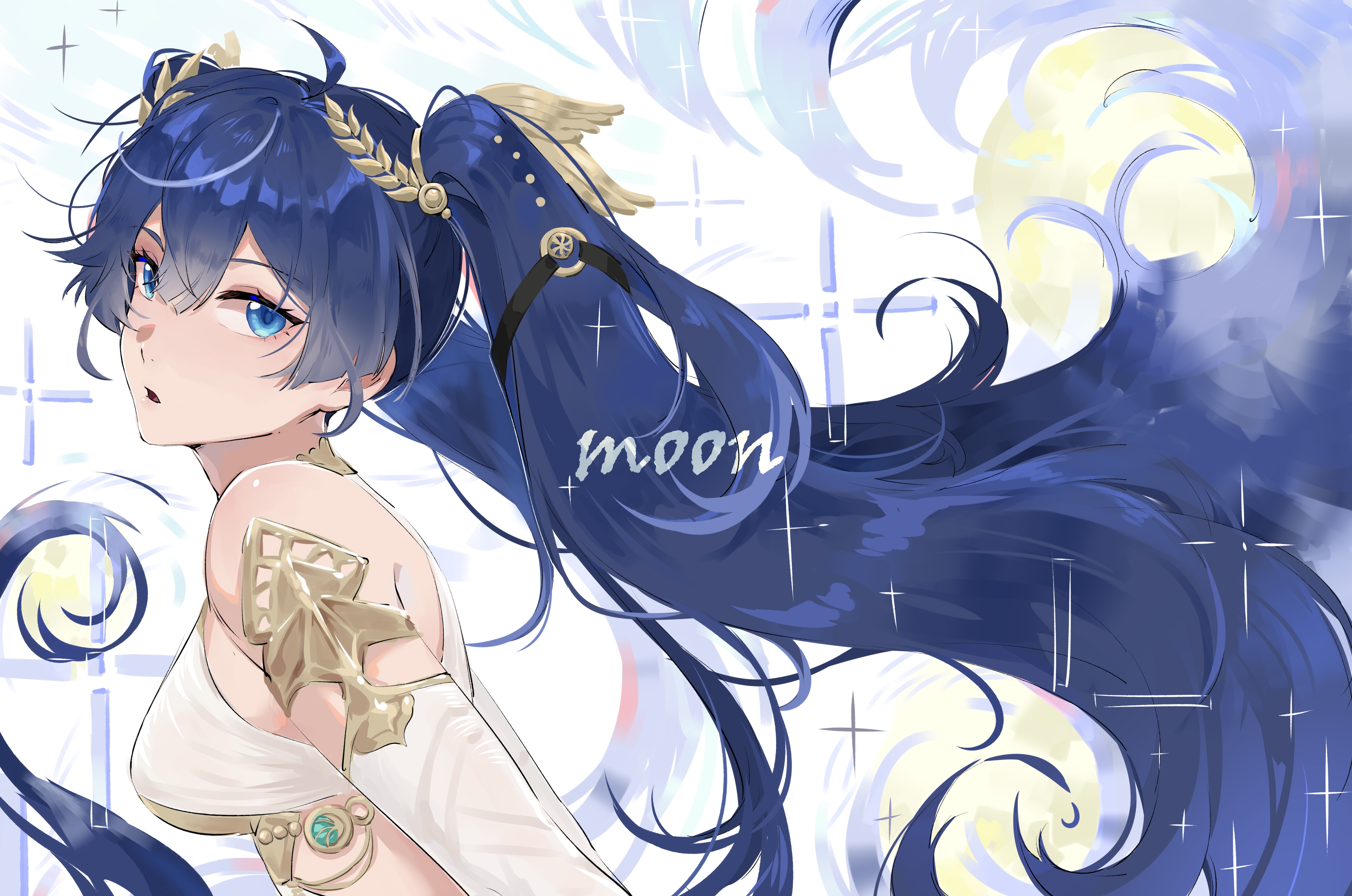 iuno (wuthering waves), wuthering waves, absurdres, highres, 1girl, ancient greek clothes, arm armor, armlet, blue eyes, blue hair, english text, greco-roman clothes, jewelry, laurel crown, long hair, multicolored hair, open mouth, solo, streaked hair, teki-shika, twintails, upper body, very long hair