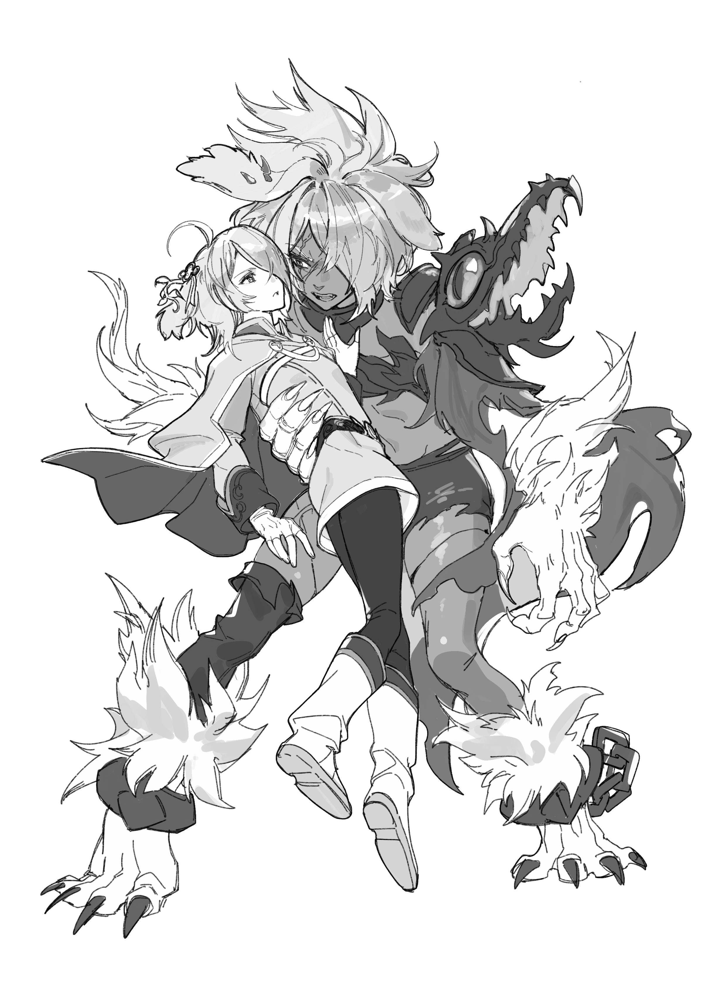 kurt (fire emblem), fire emblem, fire emblem shadows, nintendo, absurdres, highres, 2girls, alternate form, androgynous, animal ears, animal nose, aura, breasts, crossdressing, crossdressing (ftm), dark aura, dark persona, dog ears, dog girl, dual persona, full body, greyscale, long hair, messy hair, monochrome, multiple girls, simple background, tail, takahai81, white background, wolf, wolf ears, wolf tail