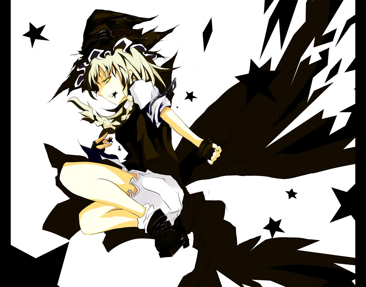 makai no juumin, kirisame marisa, touhou, bad id, bad pixiv id, 1girl, blonde hair, female focus, full body, gloves, hat, mouth hold, simple background, solo, star (symbol), underwear, white background, yellow eyes