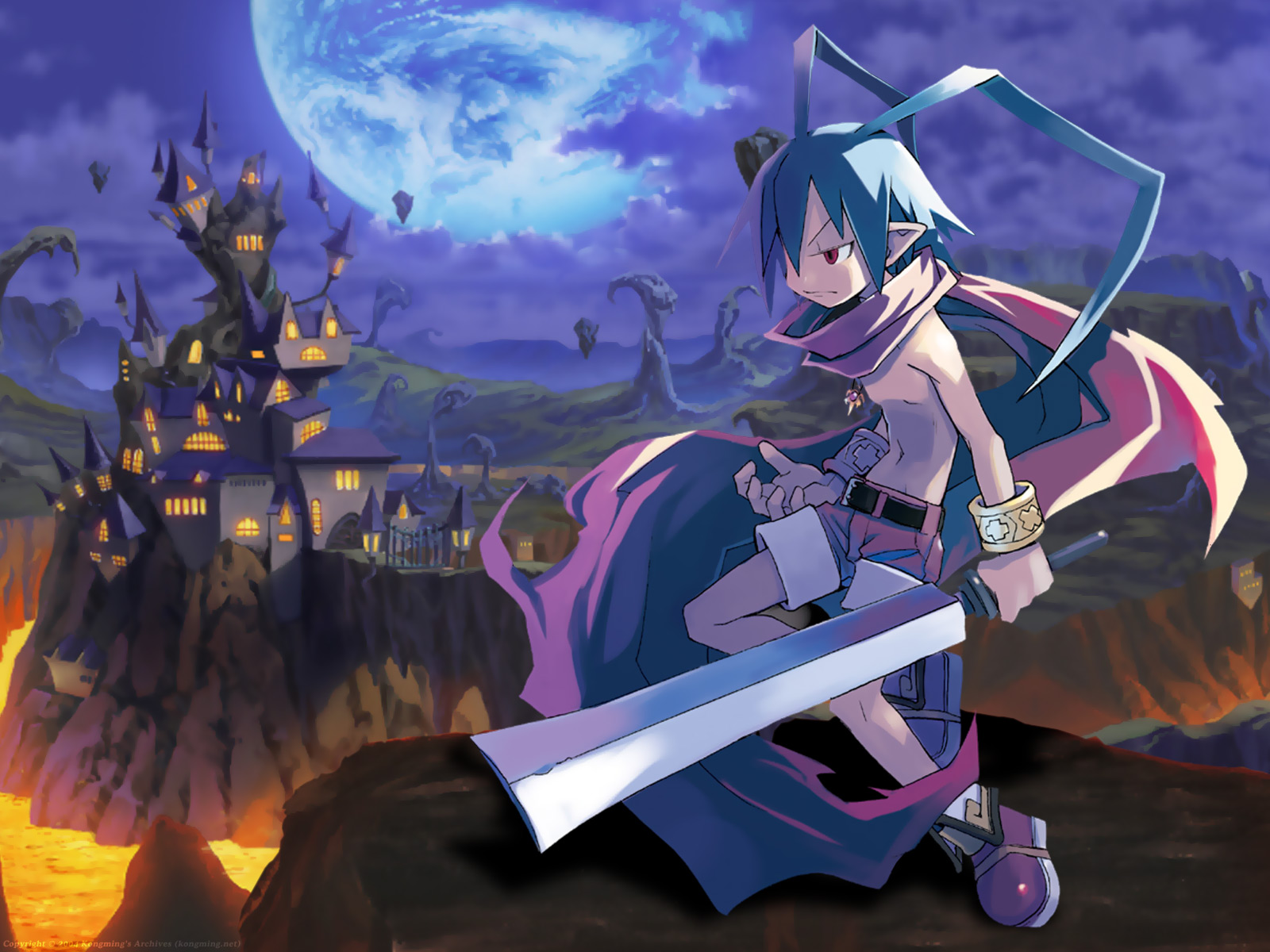 laharl, disgaea, highres, non-web source, official art, official wallpaper, 1boy, cape, cloud, lava, male focus, moon, night, red shorts, shorts, solo, sword, weapon