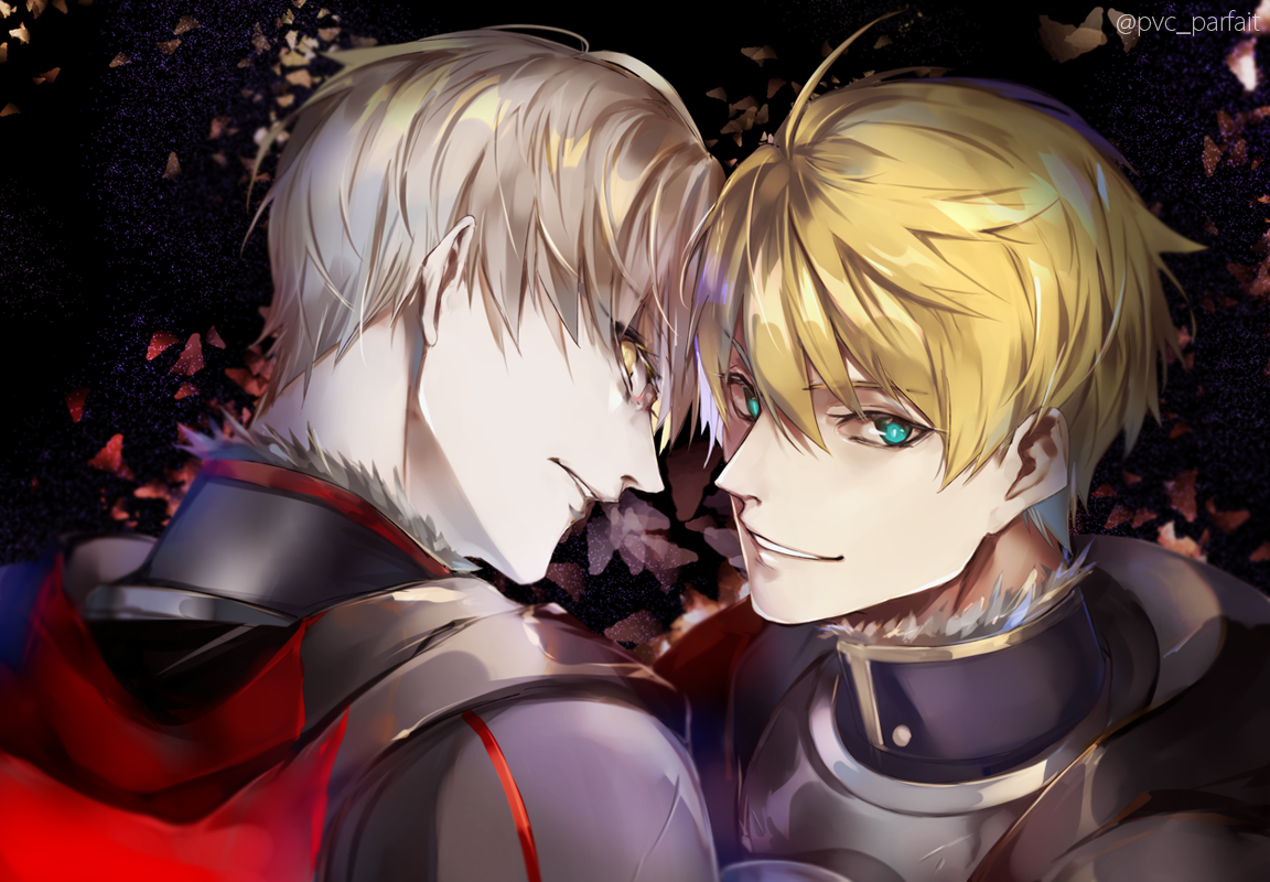 pvc parfait, arthur pendragon (fate), arthur pendragon alter (fate), fate/grand order, fate (series), commentary, english commentary, 2boys, ahoge, aqua eyes, armor, artist name, black armor, black background, black cape, blonde hair, cape, dual persona, from behind, grey armor, grey hair, hair between eyes, looking at viewer, looking back, male focus, multiple boys, red cape, short hair, shoulder armor, simple background, smile, teeth, yellow eyes