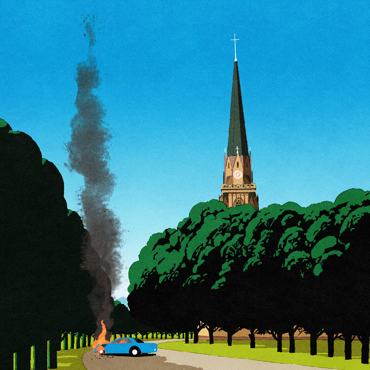 iida kento, original, commentary, english commentary, highres, blue sky, building, burning, car, church, day, fire, motor vehicle, no humans, outdoors, road, scenery, sky, smoke, tree