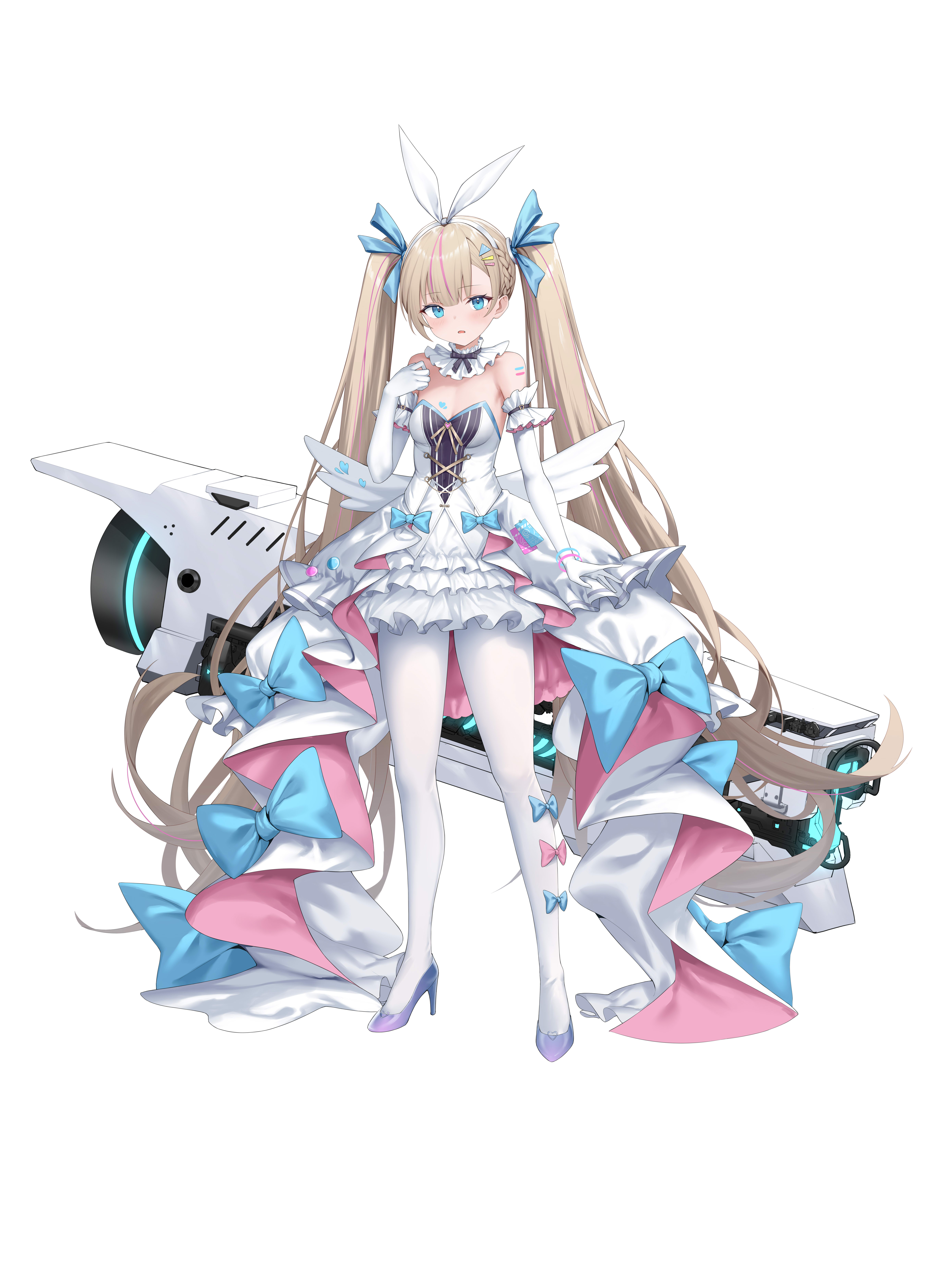roi (liu tian), haze/reverb, absurdres, chinese commentary, highres, official art, 1girl, bare shoulders, blonde hair, blue eyes, blue ribbon, blush, bow, breasts, collar, detached collar, dolores gaviota, dress, elbow gloves, frilled shirt, frills, full body, gloves, hair bow, high heels, long hair, looking at viewer, official alternate costume, open mouth, pantyhose, pink bow, ribbon, shirt, simple background, skirt, small breasts, strapless, strapless dress, twintails, very long hair, weapon, white background, white bow, white collar, white dress, white gloves, white pantyhose, white skirt, white wings, wings