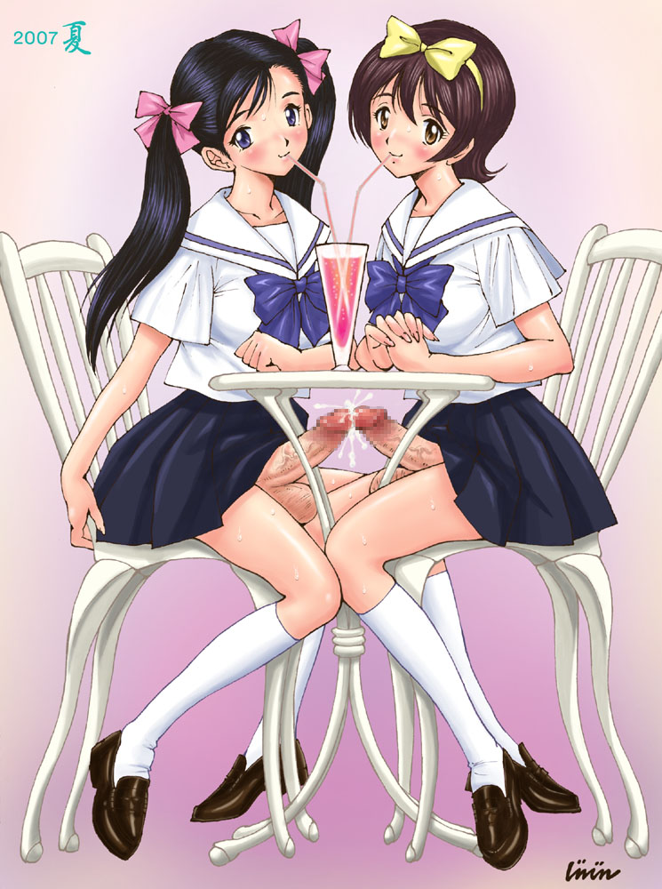 jinjin, white legwear, 2futa, black hair, blue eyes, blush, bow, brown hair, censored, chair, cum, drink, drinking straw, ejaculation, futa with futa, futanari, glass, handsfree ejaculation, happy sex, kneehighs, long hair, multiple futa, no panties, penis, penises touching, pleated skirt, ribbon, sailor collar, school uniform, serafuku, shirt, shoes, short hair, simple background, sitting, skirt, socks, table, testicles, thighhighs, twintails, white shirt