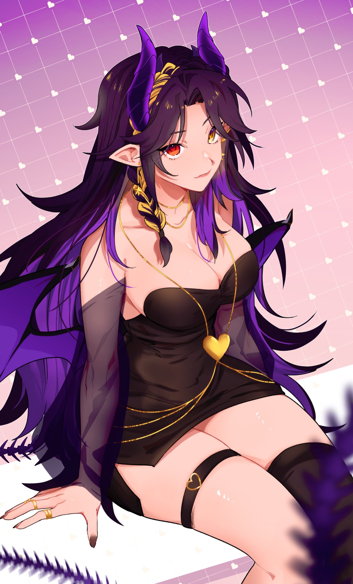 michiroon, original, commentary, commission, english commentary, highres, 1girl, arm support, asymmetrical legwear, bare shoulders, black hair, black nails, black thighhighs, black wings, blonde hair, blurry, blurry foreground, braid, breasts, cleavage, closed mouth, collarbone, colored inner hair, curtained hair, demon girl, demon horns, demon wings, detached sleeves, dress, feet out of frame, from above, gold necklace, gold ring, gradient background, hair flaps, heart, heart background, heart necklace, heterochromia, horns, jewelry, large breasts, lips, long hair, long sleeves, looking at viewer, multicolored hair, nail polish, necklace, pencil dress, pink background, pointy ears, puffy long sleeves, puffy sleeves, purple background, purple hair, purple horns, purple wings, red eyes, ring, see-through clothes, see-through sleeves, short dress, side braid, side slit, sideboob, simple background, single braid, single thighhigh, sitting, skindentation, smile, solo, strapless, strapless dress, thigh strap, thighhighs, two-tone wings, very long hair, wings, yellow eyes