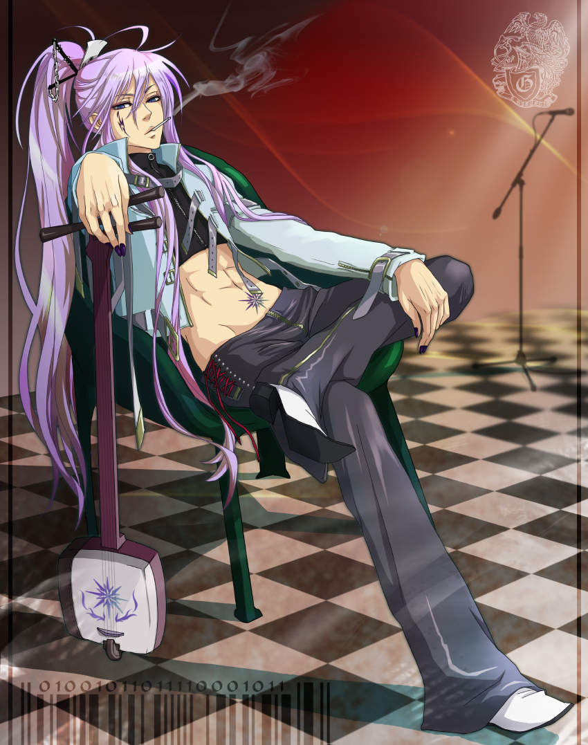 momopanda, kagura gakupo, kamui gakupo, vocaloid, 1boy, barcode, belt, blue eyes, cigarette, hair ornament, hairpin, instrument, long hair, male focus, ponytail, purple hair, shamisen, sitting, smoking, solo, tattoo