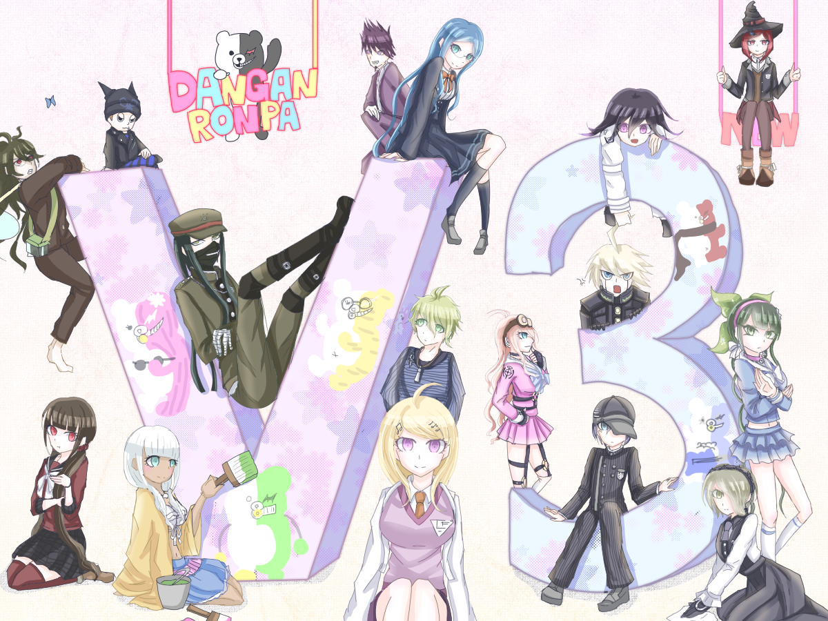 akamatsu kaede, amami rantaro, chabashira tenko, gokuhara gonta, harukawa maki, hoshi ryoma, iruma miu, k1-b0, momota kaito, monodam, monokid, monokuma, monophanie, monosuke, monotaro (danganronpa), saihara shuichi, shinguji korekiyo, shirogane tsumugi, tojo kirumi, yonaga angie, yumeno himiko, danganronpa (series), danganronpa v3: killing harmony, commentary, 6+boys, 6+girls, ahoge, android, annoyed, antenna hair, aqua eyes, arm belt, backpack, bag, bandaged hand, bandages, barefoot, baseball cap, beanie, bear, belt, belt buckle, bikini, black boots, black choker, black dress, black eyes, black gloves, black hair, black hairband, black hat, black jacket, black mask, black pants, black sailor collar, black shoes, black skirt, black socks, blazer, blonde hair, blue bow, blue butterfly, blue eyes, blue gloves, blue hair, blue pants, blue shirt, blue skirt, blue sky, blunt bangs, blunt ends, bob cut, boots, bored, bow, bowtie, breast pocket, breasts, brown-framed eyewear, brown boots, brown hair, brown jacket, brown pants, brown suit, brown vest, buckle, bug, bug cage, butterfly, buttons, chest belt, choker, cigarette, cleaning, climbing, closed mouth, coat, collared jacket, collared shirt, copyright name, covered mouth, crest, crossed arms, crossed legs, dark-skinned female, dark skin, dot nose, double-breasted, dress, dress shirt, dress shoes, everyone, expressionless, eyelashes, facial hair, fake horns, feet, fighting stance, floral print, footwear ribbon, formal clothes, fortissimo, frilled shirt collar, frilled skirt, frilled sleeves, frills, from side, gakuran, gem hair ornament, glasses, gloves, goatee, goggles, goggles on head, gradient background, green bow, green eyes, green hair, green hat, green jacket, green pants, grey pantyhose, grey shoes, grin, hair between eyes, hair bow, hair ornament, hair over one eye, hair over shoulder, hair scrunchie, hairband, hairclip, hand on own chin, hand on own hip, hand on own knee, hand on own leg, happy, hat, hat belt, helmet, high collar, holding, holding paintbrush, horned helmet, horns, insect, jacket, jewelry, kakegae, knee boots, knee pads, kneehighs, kneeling, lace-trimmed hairband, lace trim, lapels, large breasts, layered sleeves, leather, leather jacket, long dress, long eyelashes, long hair, long sidelocks, long sleeves, looking at another, low twintails, mask, medium skirt, messy hair, miniskirt, mole, mole under eye, mouth hold, mouth mask, multi-tied hair, multiple belts, multiple boys, multiple girls, musical note, musical note hair ornament, navel, necklace, necktie, notched lapels, o-ring, o-ring belt, on swing, one eye covered, open clothes, open coat, open jacket, orange bow, orange necktie, over-kneehighs, paint can, paintbrush, painting (action), pants, pantyhose, peaked cap, pendant, pinafore dress, pink hair, pink hairband, pink serafuku, pink shirt, pinstripe jacket, pinstripe pants, pinstripe pattern, playing with own hair, pleated dress, pleated skirt, pocket, pointy boots, pout, print bow, purple coat, purple eyes, purple hair, purple necktie, purple pants, purple skirt, purple vest, raincoat, red belt, red eyes, red hair, red scrunchie, red shirt, red skirt, red thighhighs, ribbon, round eyewear, sailor collar, school uniform, scrunchie, serafuku, shell, shell necklace, shirt, shoe belt, shoes, short hair, short male, sidelocks, simple background, sitting, skirt, skirt set, sky, sleeve cuffs, sleeveless, sleeveless dress, sleeves past wrists, smile, socks, spiked hair, squatting, standing, stomach, straight hair, striped clothes, striped pants, striped shirt, suit, swimsuit, swing, thigh belt, thigh strap, thighhighs, three-quarter sleeves, twintails, undershirt, uwabaki, v-neck, v-shaped eyes, vertical-striped sleeves, very long hair, vest, wavy hair, white bag, white belt, white bikini, white bow, white bowtie, white hair, white jacket, white ribbon, white sailor collar, white shirt, white socks, wide sleeves, witch hat, wrist belt, yellow background, yellow raincoat, zettai ryouiki, zipper