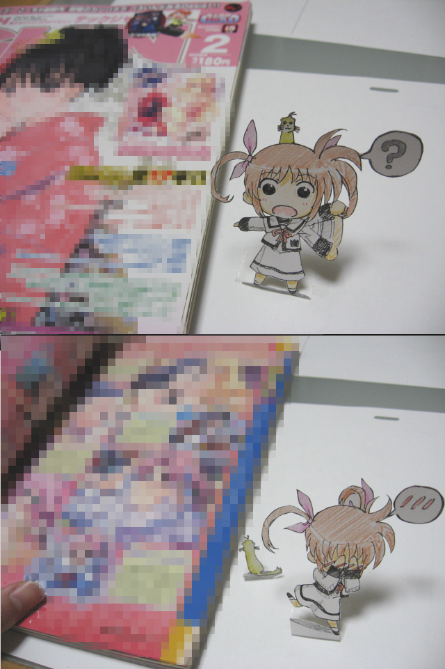 sakurasaka tsuchiyu, takamachi nanoha, yuuno scrya, lyrical nanoha, mahou shoujo lyrical nanoha, bad id, bad pixiv id, papercraft (medium), photo (medium), unconventional media, 00s, ?, blush, censored, hair ribbon, paper child, red hair, ribbon, school uniform, serafuku, twintails