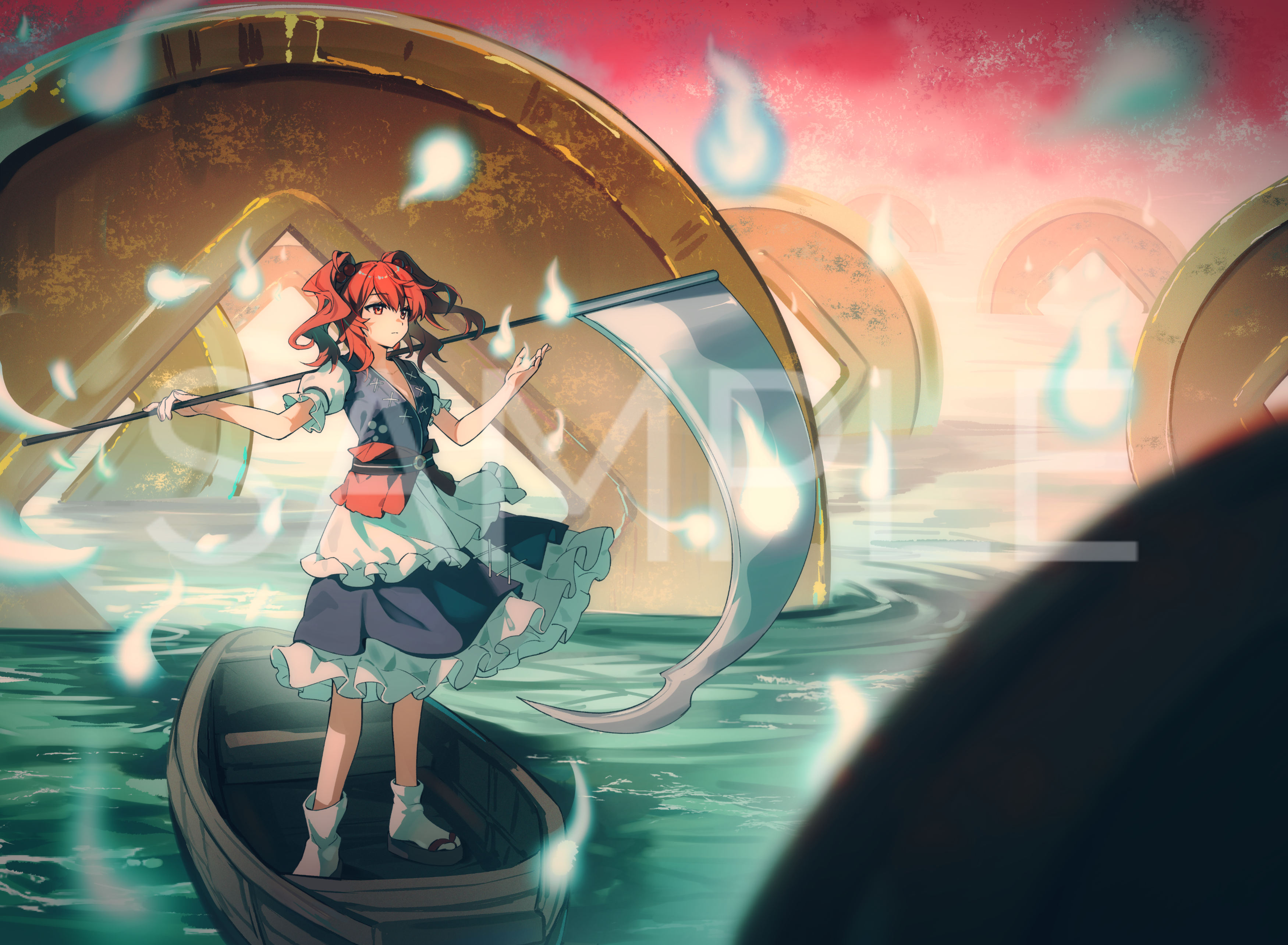 maisuiren, onozuka komachi, touhou, absurdres, chinese commentary, commentary request, highres, 1girl, apron, black sandals, blue skirt, blue vest, blurry, blurry foreground, boat, breasts, closed mouth, coin, coin on string, depth of field, frilled skirt, frills, frown, hair bobbles, hair ornament, hitodama, holding, holding behind back, holding scythe, holding weapon behind back, medium hair, obi, open hand, pink sky, puffy short sleeves, puffy sleeves, red eyes, red hair, rowboat, sample watermark, sandals, sash, scythe, short sleeves, skirt, sky, small breasts, socks, solo, standing, tabi, twintails, vest, waist apron, water, watercraft, watermark, white socks, wide shot, zouri