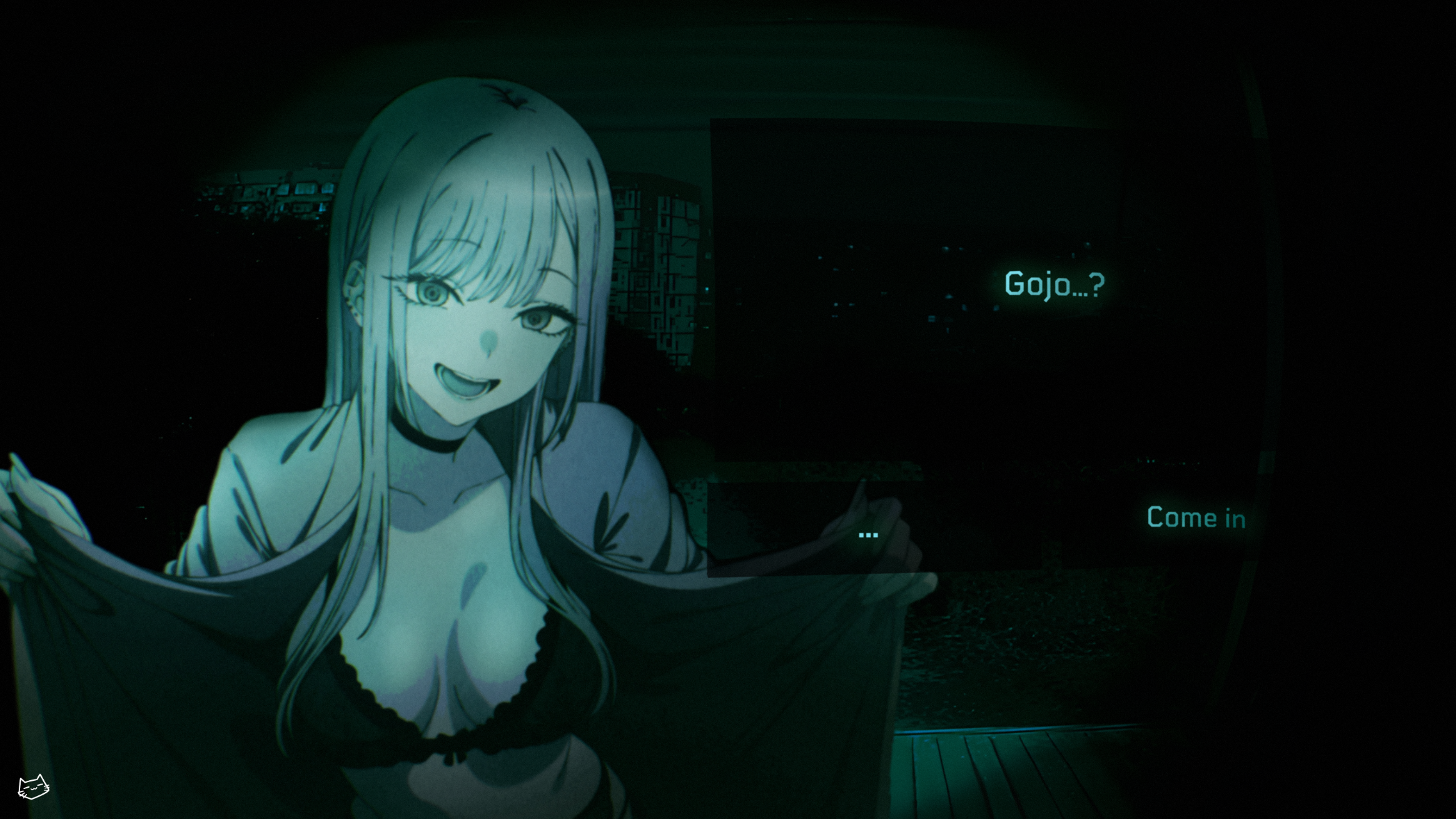 keihh, kitagawa marin, sono bisque doll wa koi wo suru, highres, 1girl, :d, black bra, black choker, bra, breasts, choker, cleavage, coat, dialogue box, english text, looking at viewer, medium breasts, night, night sky, no i'm not a human, open clothes, open coat, open mouth, porch, sky, smile, solo, trench coat, underwear, upper body