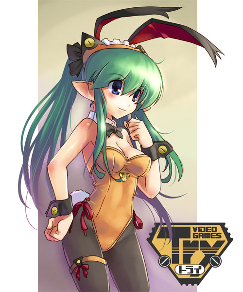 katahira masashi, original, animal ears, blue eyes, cowboy shot, fake animal ears, green hair, long hair, pantyhose, playboy bunny, pointy ears, rabbit ears, rabbit tail, solo, tail, twintails, wrist cuffs