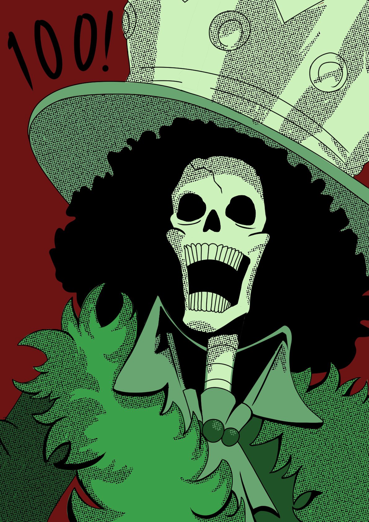 brook (one piece), one piece, commentary, english commentary, highres, 1boy, afro, ascot, black hair, collared shirt, crown, feather boa, hat, male focus, milestone celebration, open mouth, red background, shirt, simple background, skeleton, solo, stupid ugly