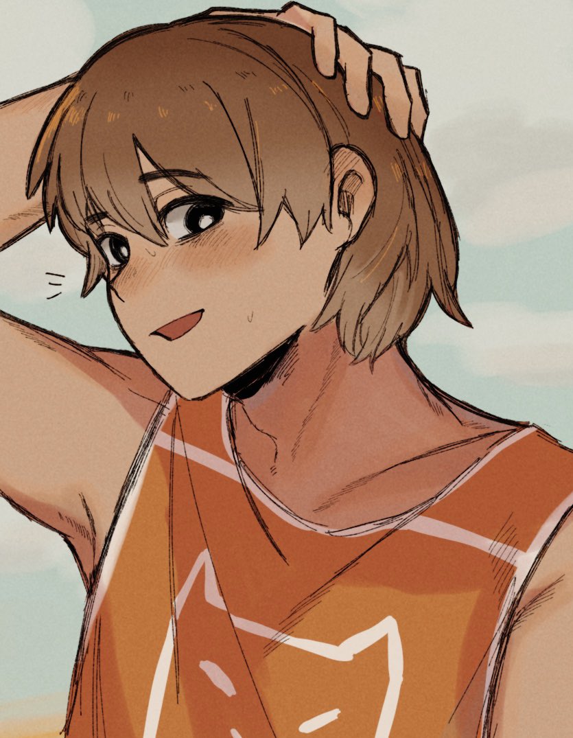 pasuta928008, kel (faraway) (omori), kel (omori), omori, commentary request, 1boy, :d, arm up, armpits, bare arms, bare shoulders, black eyes, blue sky, blush, bright pupils, brown hair, cloud, collarbone, day, double-parted bangs, film grain, hair between eyes, hand on own head, looking at viewer, male focus, notice lines, open mouth, orange tank top, outdoors, short hair, sideways glance, simple background, sky, smile, solo, tank top, upper body, white pupils