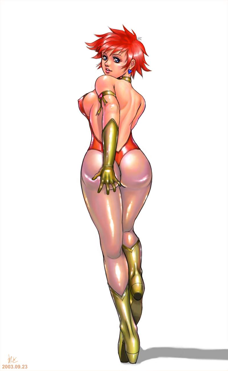 zen and retro, cutie honey (character), kisaragi honey, cutie honey, toei company, highres, 00s, 1girl, 2003, ass, blue eyes, blush, earrings, female focus, from behind, grabbing own ass, hand on own ass, heart, heart earrings, jewelry, magical girl, pantyhose, red hair, solo