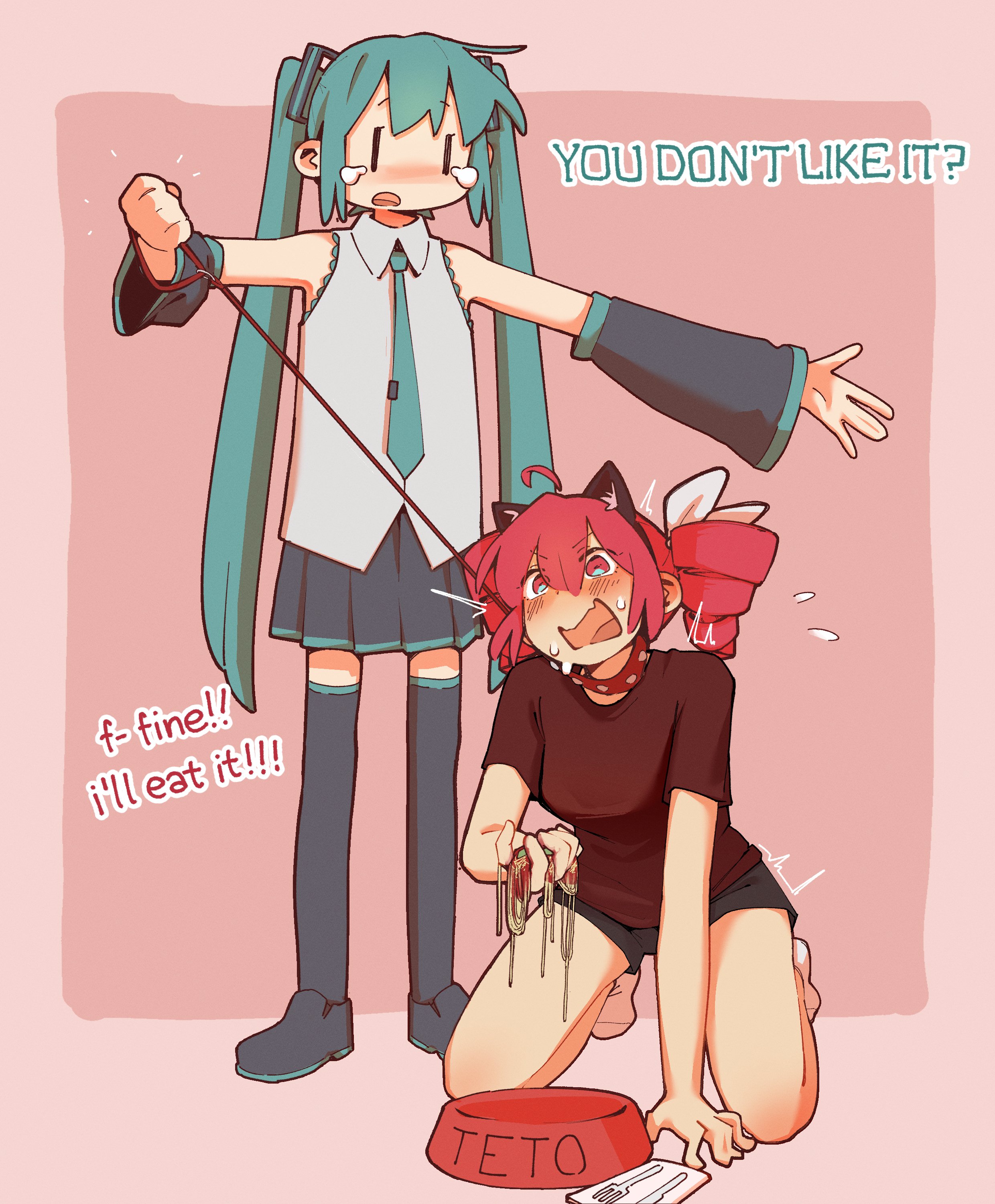 machuuu68, hatsune miku, kasane teto, kasane teto (sv), synthesizer v, utau, vocaloid, absurdres, commentary, english commentary, highres, variant set, 2girls, alternate costume, animal ear hairband, animal ears, ankle socks, aqua hair, arm warmers, black arm warmers, black shoes, black shorts, black skirt, black thighhighs, blush, border, bow, bowl, cat ear hairband, cat ears, character name, collar, collared shirt, double-parted bangs, drill hair, english text, fake animal ears, flying sweatdrops, food, fork, full body, hair between eyes, hair bow, hairband, holding, holding leash, knife, leash, long hair, looking at another, multiple girls, open mouth, outside border, pasta, pet bowl, pleated skirt, red background, red border, red collar, red eyes, red hair, red shirt, shirt, shoes, short shorts, shorts, sidelocks, simple background, sitting, skirt, sleeveless, sleeveless shirt, socks, spaghetti, standing, sweat, t-shirt, tears, thighhighs, twin drills, twintails, very long hair, white bow, white shirt, white socks, yuri