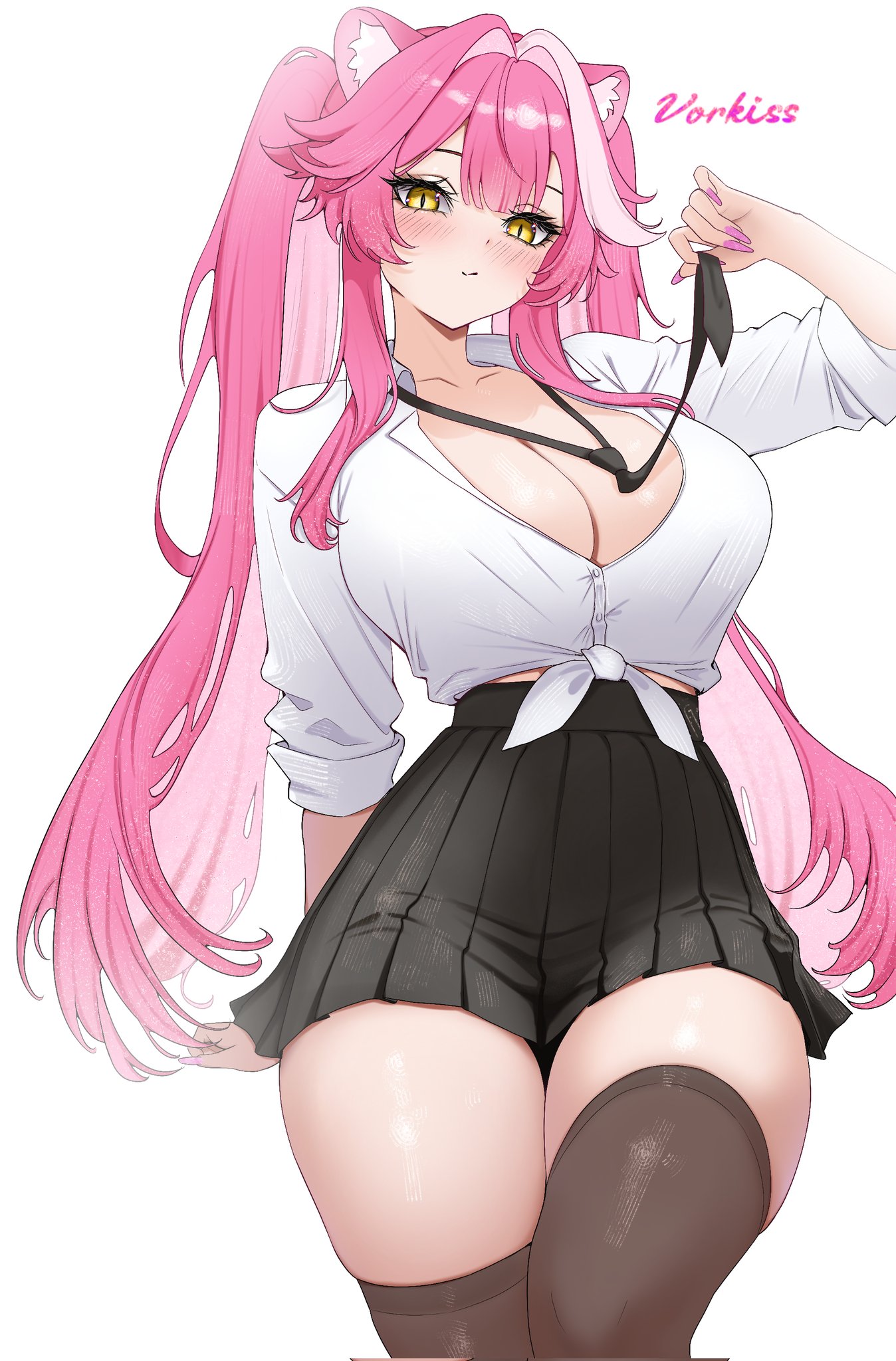 vorkiss, raora panthera, hololive, hololive english, commentary, highres, 1girl, alternate costume, animal ear fluff, animal ears, artist name, black necktie, black skirt, black thighhighs, blush, breasts, cleavage, closed mouth, collared shirt, cowboy shot, fingernails, hair intakes, hand up, large breasts, long fingernails, long hair, looking at viewer, loose necktie, midriff peek, multicolored hair, nail polish, necktie, panther ears, panther girl, partially unbuttoned, pink hair, pink nails, pleated skirt, shirt, simple background, skirt, sleeves rolled up, slit pupils, solo, standing, streaked hair, thighhighs, tied shirt, white background, white hair, white shirt, yellow eyes