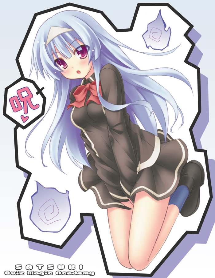 ryo (botugo), satsuki, satsuki (quiz magic academy), quiz magic academy, blue hair, character name, copyright name, full body, ghost, legs, long hair, outline, purple eyes, speech bubble, spirit