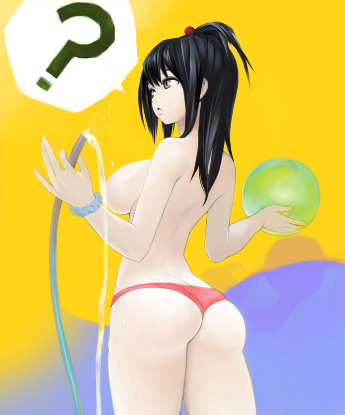 kodama yuuki, 1girl, ?, ass, back, backboob, ball, black hair, breasts, censored, convenient censoring, female focus, from behind, hose, large breasts, long hair, solo, speech bubble, spoken question mark, standing, swimsuit, topless female, water, water censor