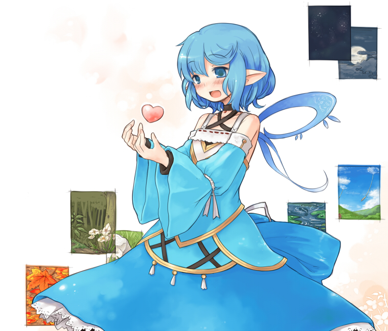 7010, pixiv-tan, pixiv, 1girl, blue eyes, blue hair, blush, detached sleeves, dress, female focus, heart, matching hair/eyes, open mouth, pointy ears, short hair, smile, solo