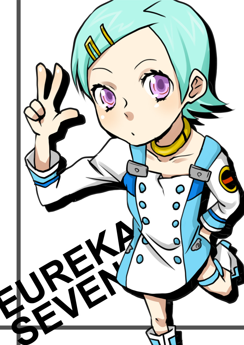 hntk, eureka (eureka seven), eureka seven, eureka seven (series), bad id, bad pixiv id, 00s, 1girl, blue hair, collar, female focus, flat chest, hair ornament, hairclip, pink eyes, short hair, solo, v