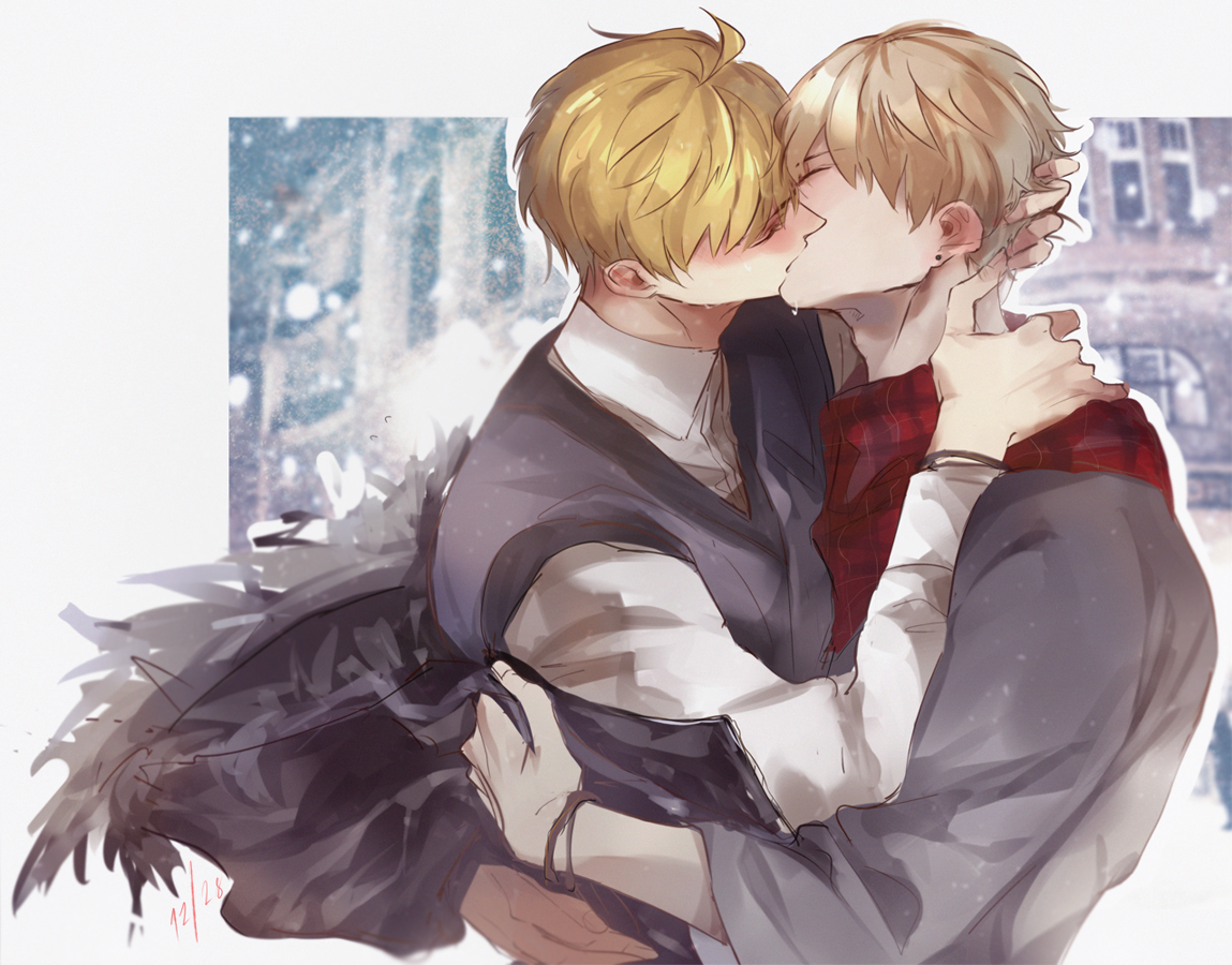pvc parfait, arthur pendragon (fate), arthur pendragon alter (fate), fate/grand order, fate (series), 2boys, black jacket, blonde hair, blurry, blurry background, blush, border, building, closed eyes, collared shirt, dual persona, fingernails, french kiss, fur-trimmed jacket, fur trim, grey shirt, hair between eyes, hand on another's head, hug, jacket, kiss, male focus, multiple boys, open clothes, open jacket, outdoors, outside border, plaid clothes, plaid scarf, purple vest, red scarf, scarf, selfcest, shirt, short hair, snowing, tree, upper body, vest, white border, white shirt, wide sleeves, window, winter, yaoi