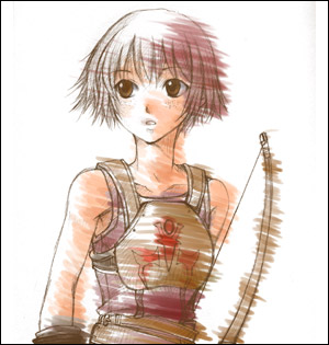yuzuki fuuni, dorothy (fire emblem), fire emblem, fire emblem: the binding blade, nintendo, lowres, traditional media, armor, bare shoulders, bow (weapon), brown eyes, brown hair, short hair, solo, weapon