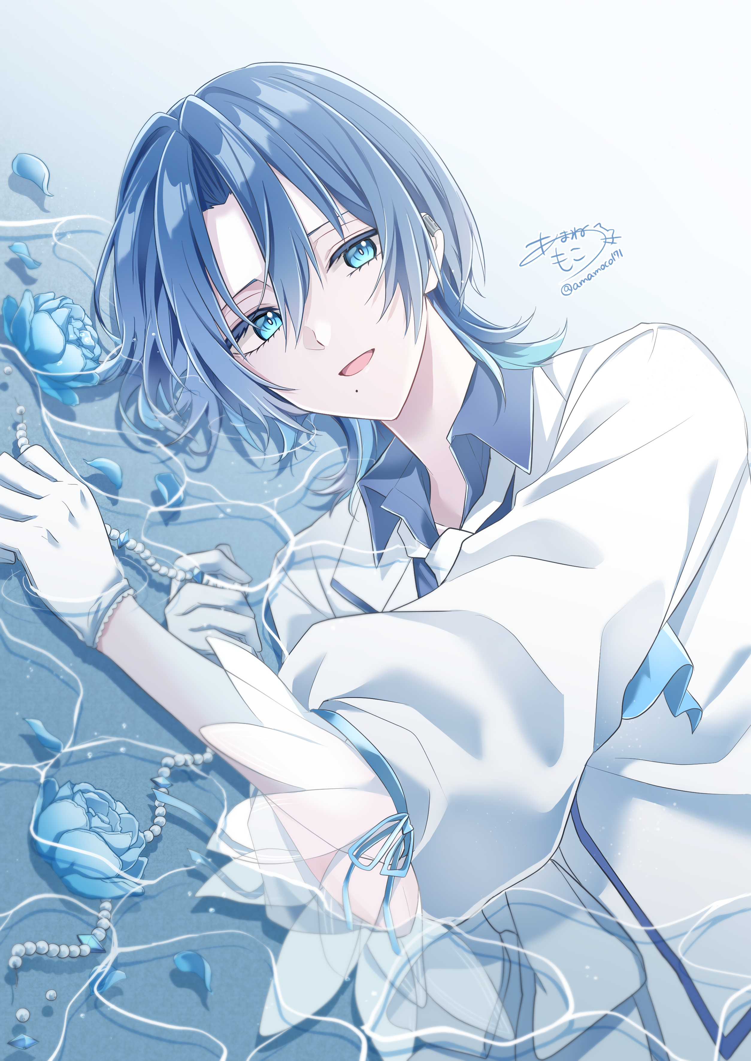 amamoco171, hiodoshi ao, hololive, absurdres, highres, 1girl, androgynous, blue eyes, blue flower, blue hair, blue rose, flower, lying, mole, mole under mouth, open mouth, partially submerged, rose, smile, solo, tomboy, virtual youtuber