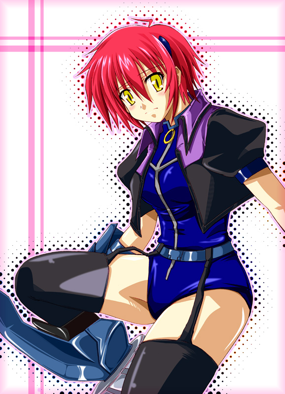 sakazaki akira, zakkii, nove (nanoha), numbers (nanoha), lyrical nanoha, mahou shoujo lyrical nanoha, mahou shoujo lyrical nanoha strikers, bad id, bad pixiv id, 00s, 1girl, female focus, garter belt, red hair, solo, thighhighs, yellow eyes