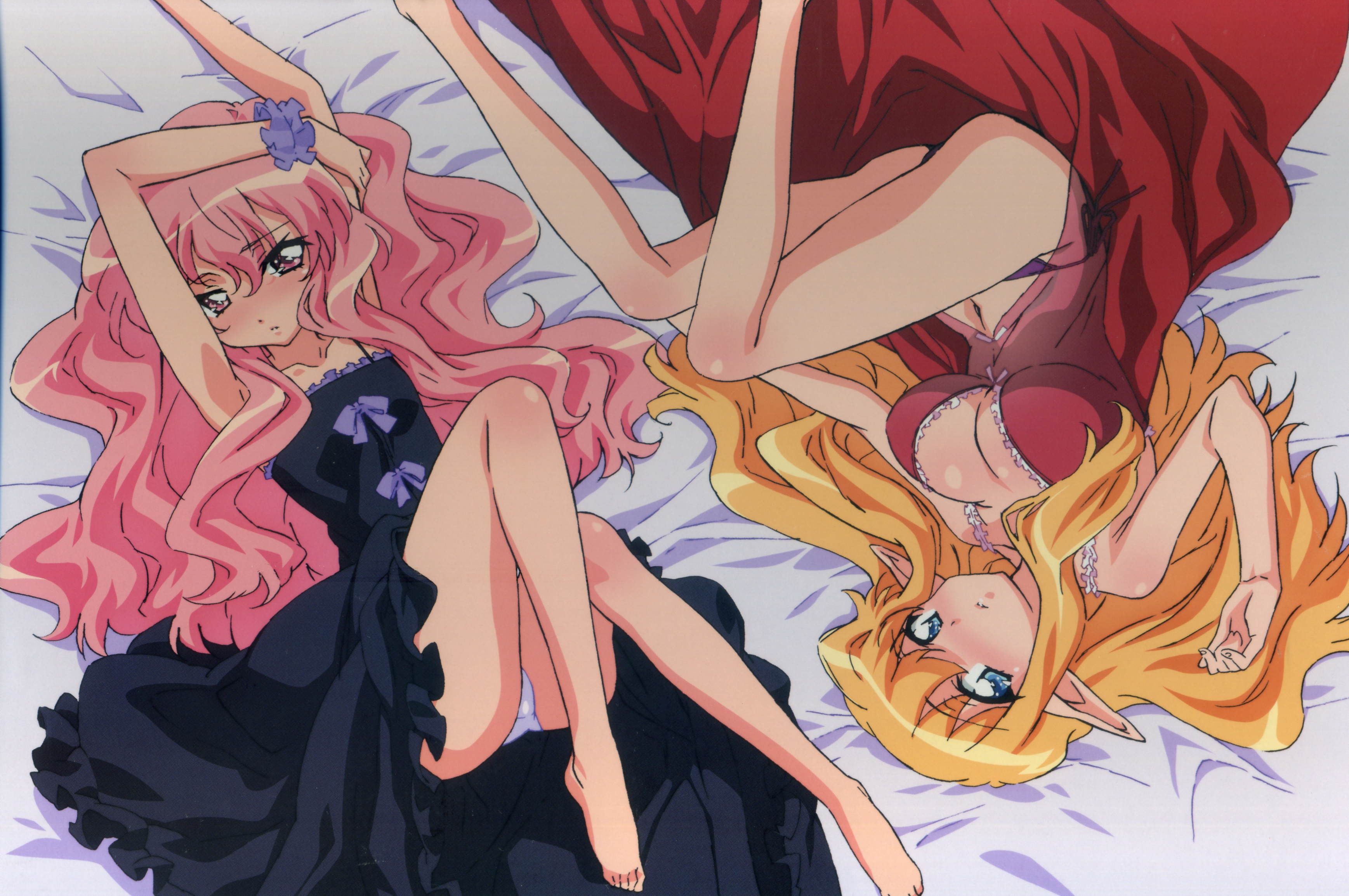 louise francoise le blanc de la valliere, tiffania westwood, zero no tsukaima, absurdres, artist request, highres, 00s, babydoll, barefoot, blue eyes, blush, breasts, cleavage, dress, flat chest, large breasts, long hair, panties, pink eyes, pink hair, pointy ears, see-through clothes, underwear
