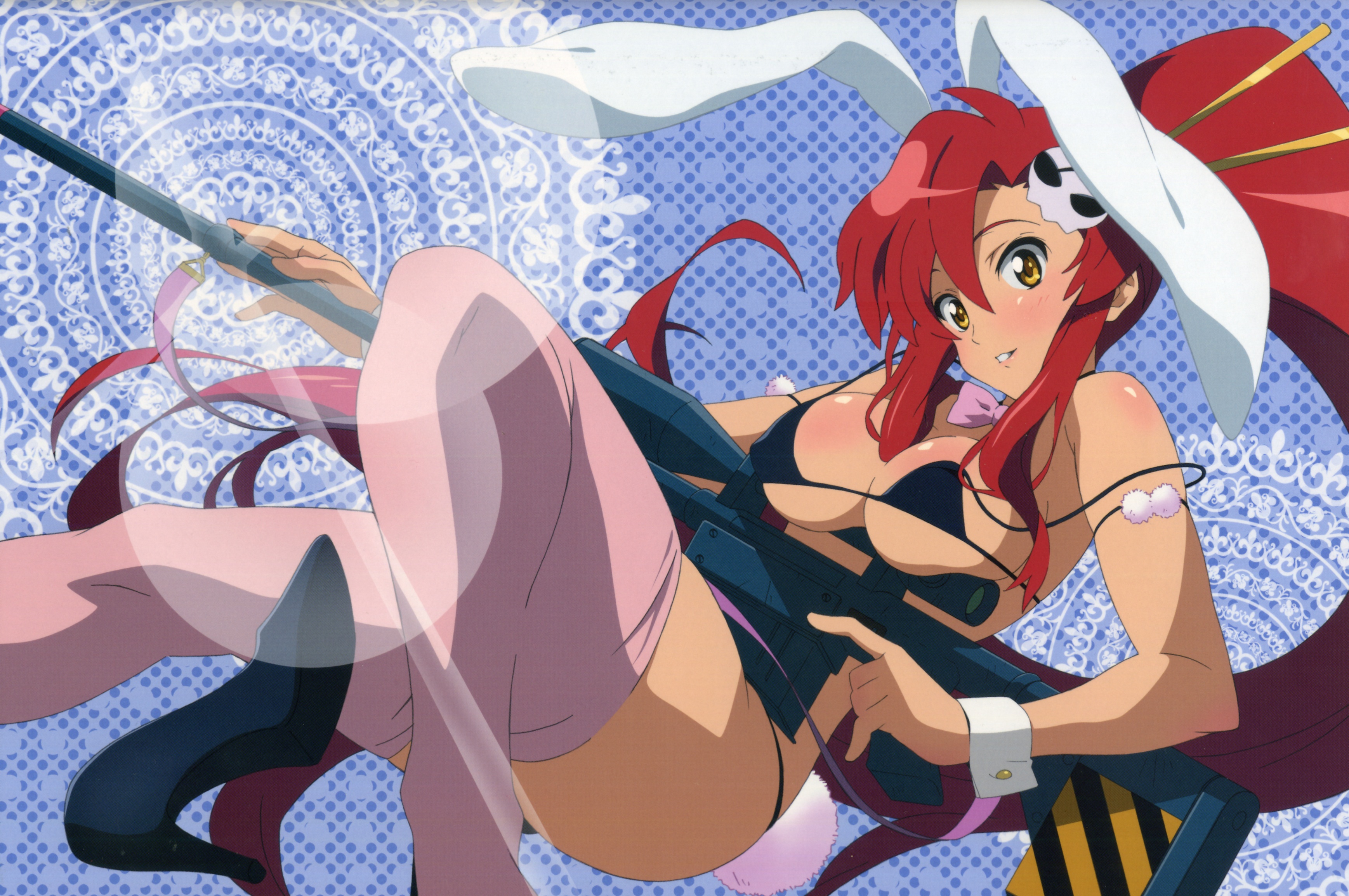 yoko littner, tengen toppa gurren lagann, absurdres, highres, official art, scan, 00s, 1girl, animal ears, bikini, blush, breasts, cleavage, female focus, gun, high heels, long hair, ponytail, rabbit ears, red hair, rifle, shoes, single shoe, solo, swimsuit, tail, thighhighs, weapon, wrist cuffs, yellow eyes