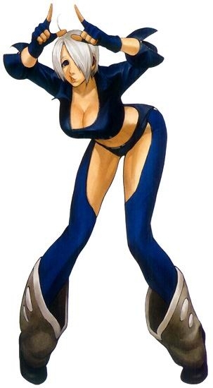 nona, angel (kof), snk, the king of fighters, the king of fighters 2001, official art, 1girl, bent over, blue eyes, breasts, chaps, cleavage, female focus, fingerless gloves, gloves, large breasts, panties, short hair, solo, thighhighs, underwear, white hair