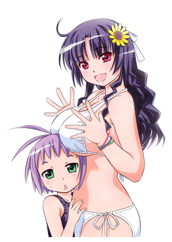 nakajima chizuna, alice's 100 deg cc, 2girls, :d, ahoge, antenna hair, bikini, black hair, blush, breast rest, breasts, breasts on head, flat chest, flower, from side, green eyes, hair flower, hair ornament, large breasts, long hair, multiple girls, open mouth, purple hair, red eyes, school swimsuit, side-tie bikini bottom, simple background, smile, sunflower, sunflower hair ornament, swimsuit, triangle mouth, white background, white bikini