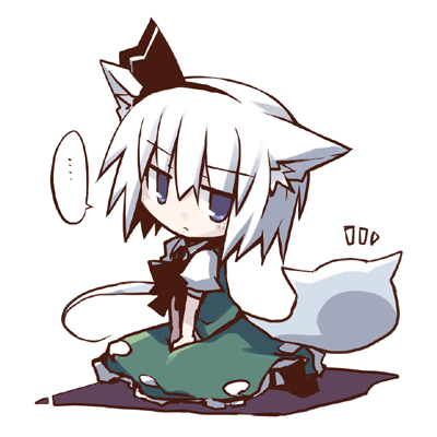 dorua (dollar), konpaku youmu, konpaku youmu (ghost), touhou, lowres, …, 1girl, animal ears, blue eyes, cat ears, cat girl, chibi, female focus, hitodama, kemonomimi mode, short hair, simple background, sitting, solo, speech bubble, v arms, white background, white hair