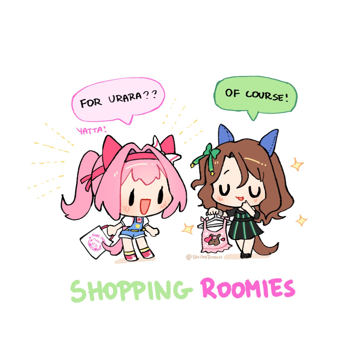 shibedraws, haru urara (casual) (umamusume), haru urara (umamusume), king halo (umamusume), umamusume, commentary, english commentary, highres, 1girl, 2girls, animal ears, bag, black dress, blue overalls, blush, bow, brown hair, chibi, closed eyes, clothes hanger, dress, ear bow, ear covers, ear ribbon, english text, green bow, hair between eyes, hairband, headband, heart, holding, holding bag, holding clothes hanger, horse, horse ears, horse girl, horse tail, king halo (casual) (umamusume), long hair, long sleeves, multiple girls, open mouth, overall shorts, overalls, pink hair, pink headband, pink shirt, pink tank top, ponytail, red headband, ribbon, shirt, shoes, shopping, shopping bag, short sleeves, simple background, smile, speech bubble, striped clothes, striped dress, tail, tank top, vertical-striped clothes, vertical-striped dress, white background
