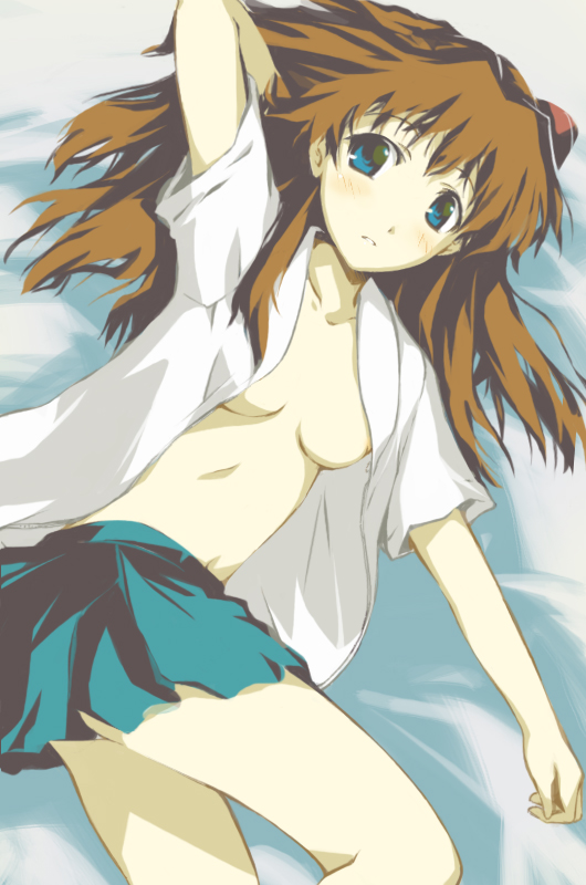 ko azuma, souryuu asuka langley, neon genesis evangelion, 1girl, blue eyes, blush, breasts, brown hair, female focus, medium breasts, nipple slip, nipples, no bra, open clothes, open shirt, shirt, solo, white shirt