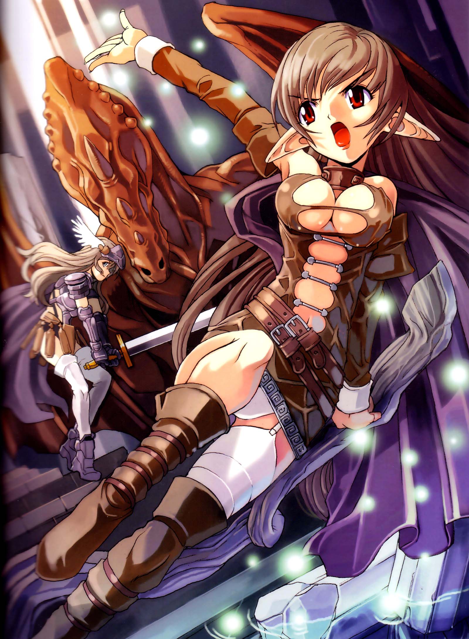 highres, non-web source, 2girls, armor, boots, breasts, brown hair, cape, cleavage, dragon, large breasts, long hair, multiple girls, panties, pantyshot, pointy ears, red eyes, sword, thighhighs, underwear, weapon