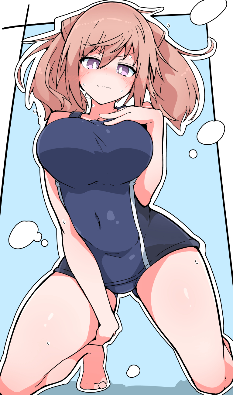nejirehifumi, kimikage yui, alice gear aegis, highres, 1girl, blue one-piece swimsuit, blush, breasts, brown hair, covered navel, embarrassed, gluteal fold, kneeling, large breasts, looking at viewer, medium hair, one-piece swimsuit, purple eyes, school swimsuit, solo, swimsuit, twintails, twintails with hair base