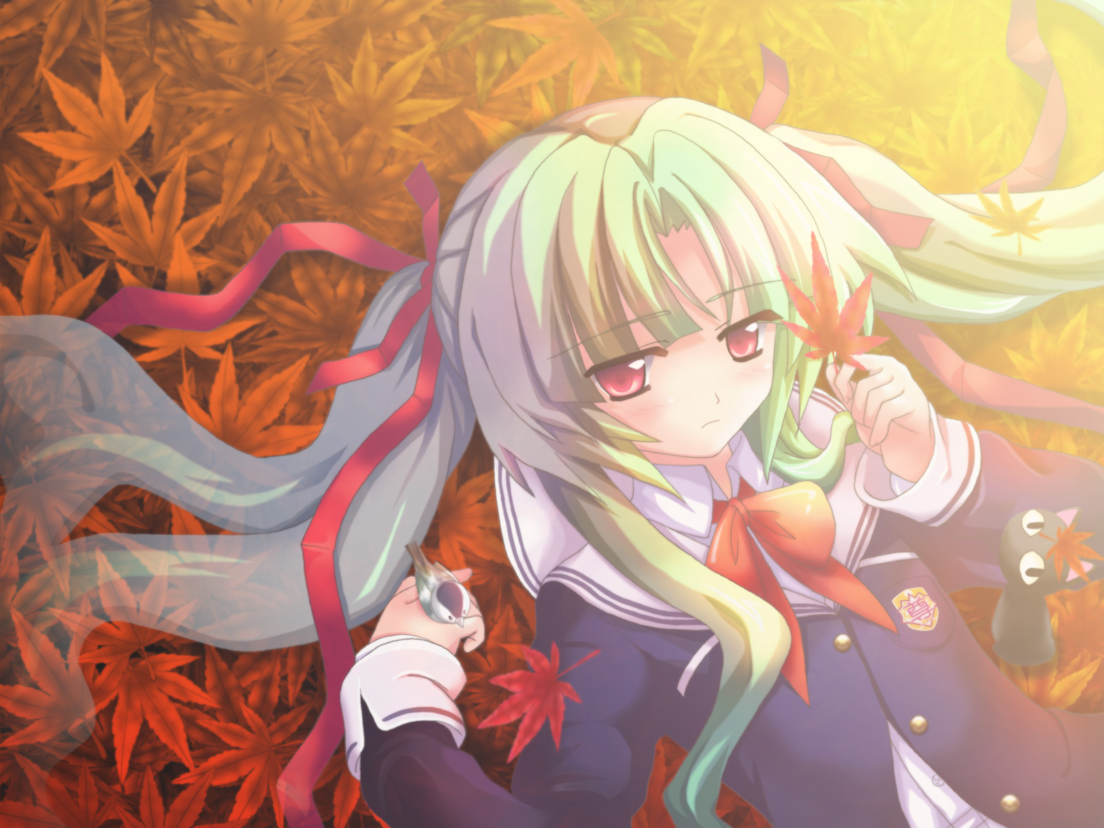 nanao yuki, brynhild schild, burenhiruto shiruto, owari no chronicle, highres, 1girl, bird, bird on hand, blue hair, bow, cat, female focus, leaf, lying, red eyes, ribbon, school uniform, serafuku, solo, twintails