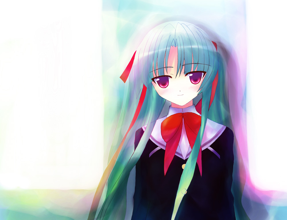 nanao yuki, brynhild schild, burenhiruto shiruto, owari no chronicle, uniform, 1girl, blue hair, bow, female focus, long hair, red eyes, solo, twintails, very long hair