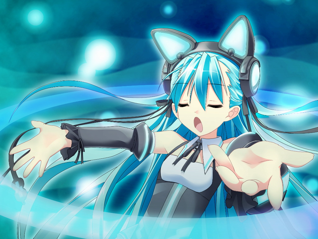 himukai kyousuke, nana (pikopiko), nana (pikopiko koisuru kimochi no nemuru basho), pikopiko koisuru kimochi no nemuru basho, pikopiko ~koisuru kimochi no nemuru basho~, game cg, 1girl, animal ears, blue hair, cat ears, closed eyes, detached sleeves, dress, female focus, long hair, music, necktie, open mouth, ribbon, singing, solo