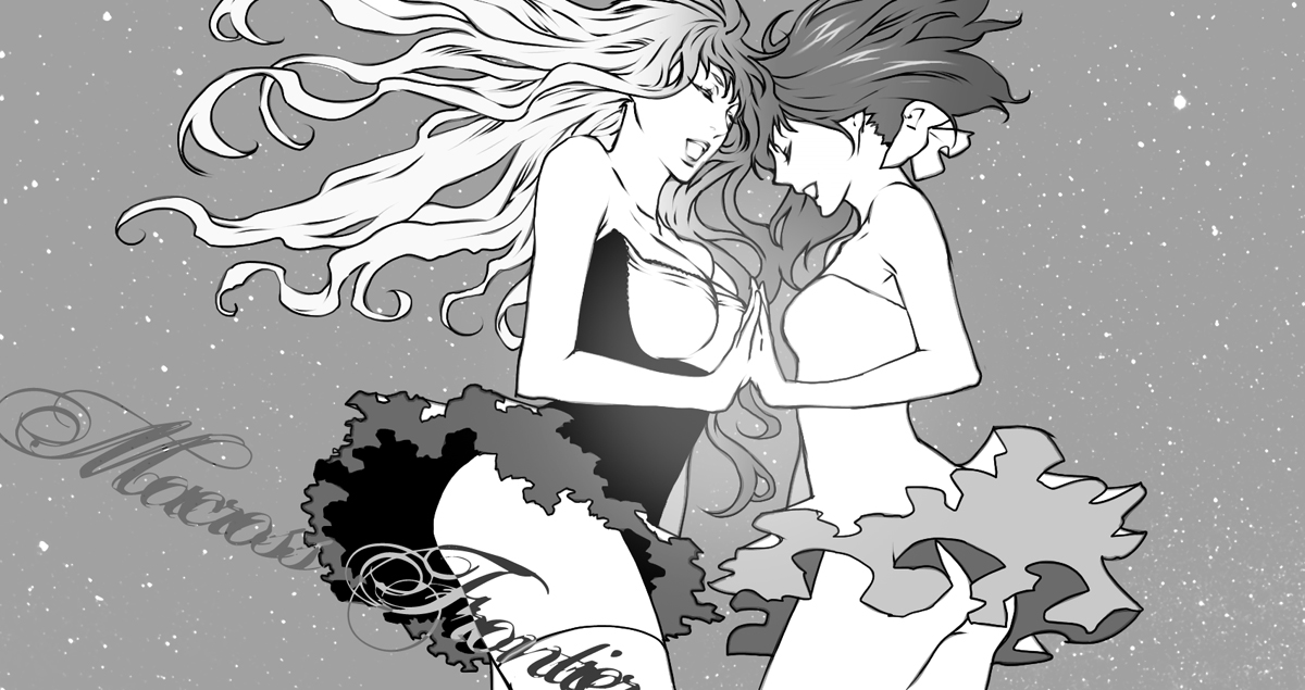 npn, ranka lee, sheryl nome, macross, macross frontier, 00s, 2girls, bow, closed eyes, dress, greyscale, long hair, monochrome, multiple girls, music, short hair, singing, star (symbol), thighhighs, twintails