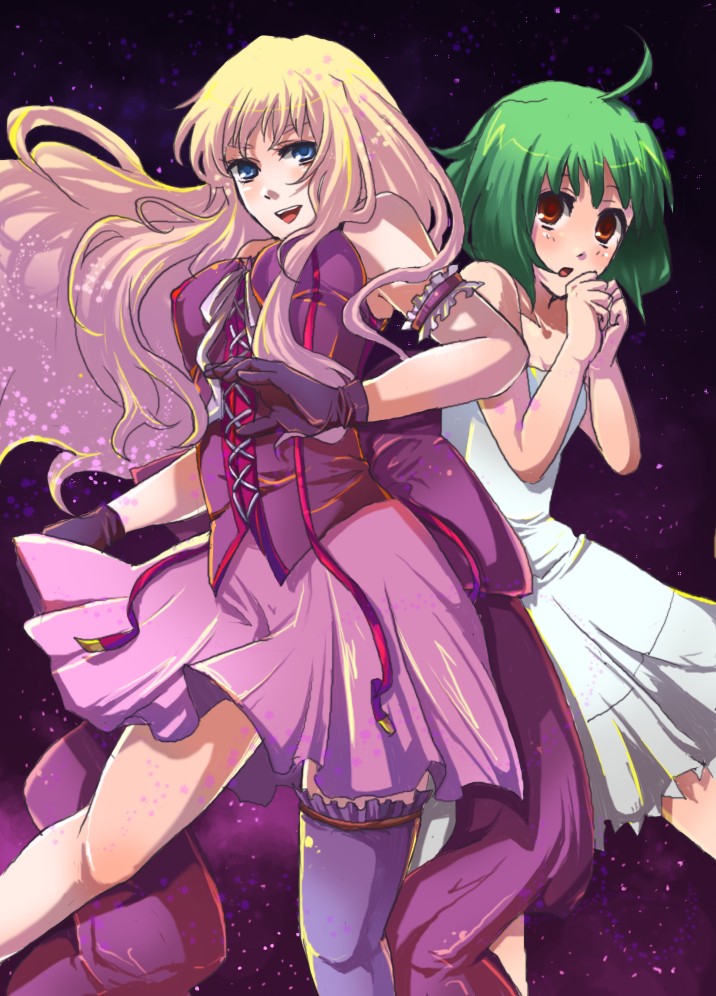 aguri, pepushii (aguri), ranka lee, sheryl nome, macross, macross frontier, bad id, bad pixiv id, 00s, 2girls, blonde hair, blue eyes, corset, dress, gloves, green hair, long hair, multiple girls, red eyes, short hair, smile, space, twintails