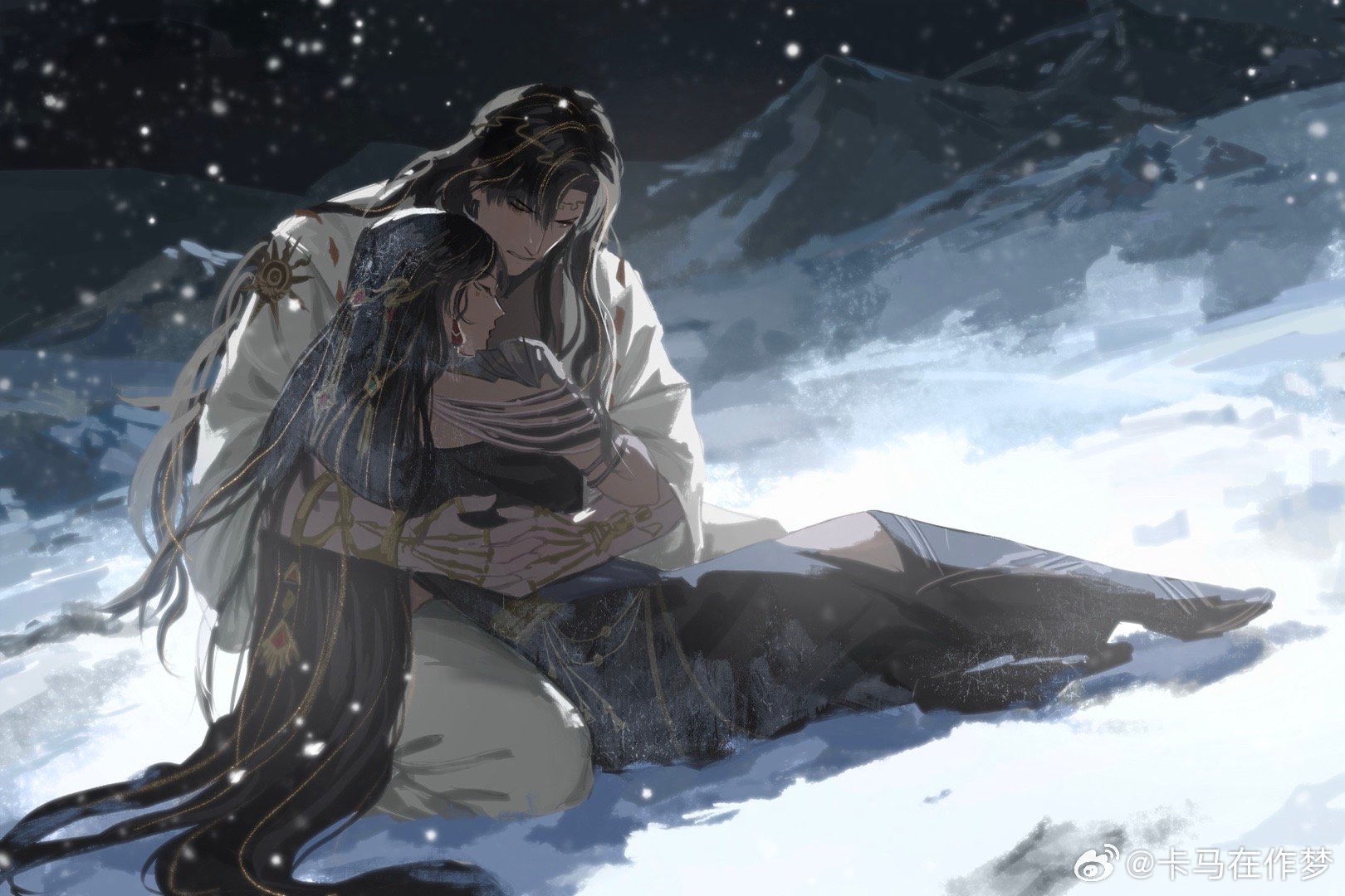protagonist (love and deepspace), zayne (love and deepspace), love and deepspace, highres, black dress, black hair, bracelet, cold, couple, crying, dress, hug, jewelry, open clothes, open shirt, outdoors, parted bangs, snow, snowing, winter