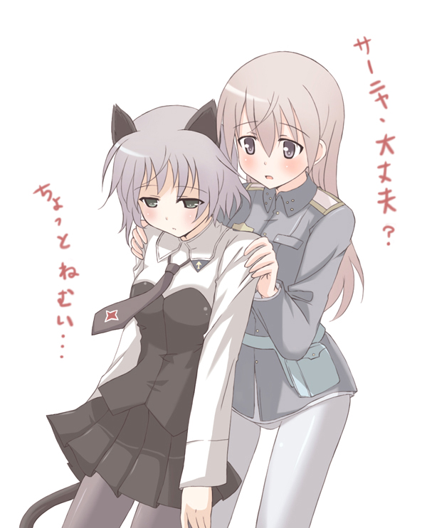 kanata (sentiment), eila ilmatar juutilainen, sanya v. litvyak, strike witches, world witches series, translated, 00s, 2girls, animal ears, black pantyhose, blush, cat ears, cat girl, couple, female focus, multiple girls, pantyhose, simple background, white background, white pantyhose, yuri