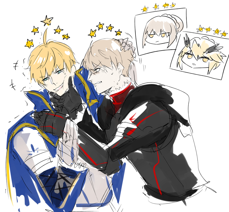 pvc parfait, arthur pendragon (fate), arthur pendragon alter (fate), artoria pendragon (fate), jeanne d'arc alter (fate), saber alter, fate/grand order, fate (series), 2boys, 2girls, ahoge, annoyed, aqua eyes, armor, black armor, black cape, black shirt, blonde hair, blue cape, blue shirt, braid, cape, closed mouth, crying, crying with eyes open, dark persona, dual persona, full armor, gauntlets, hair between eyes, hair bun, half-closed eyes, hand on another's face, hand on another's head, hands up, head ornament, holding another's wrist, long sleeves, looking afar, looking at another, multiple boys, multiple girls, open mouth, shirt, short hair, shoulder armor, simple background, star (symbol), tears, trembling, upper body, v-shaped eyebrows, veins, white armor, white background, yellow eyes