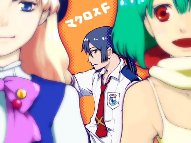 machi (meganenoneko), ranka lee, saotome alto, sheryl nome, macross, macross frontier, bad id, bad pixiv id, 00s, 1boy, 2girls, blonde hair, blue eyes, blue hair, bow, green hair, hat, long hair, multiple girls, necktie, red eyes, scarf, school uniform, short hair, smile, twintails