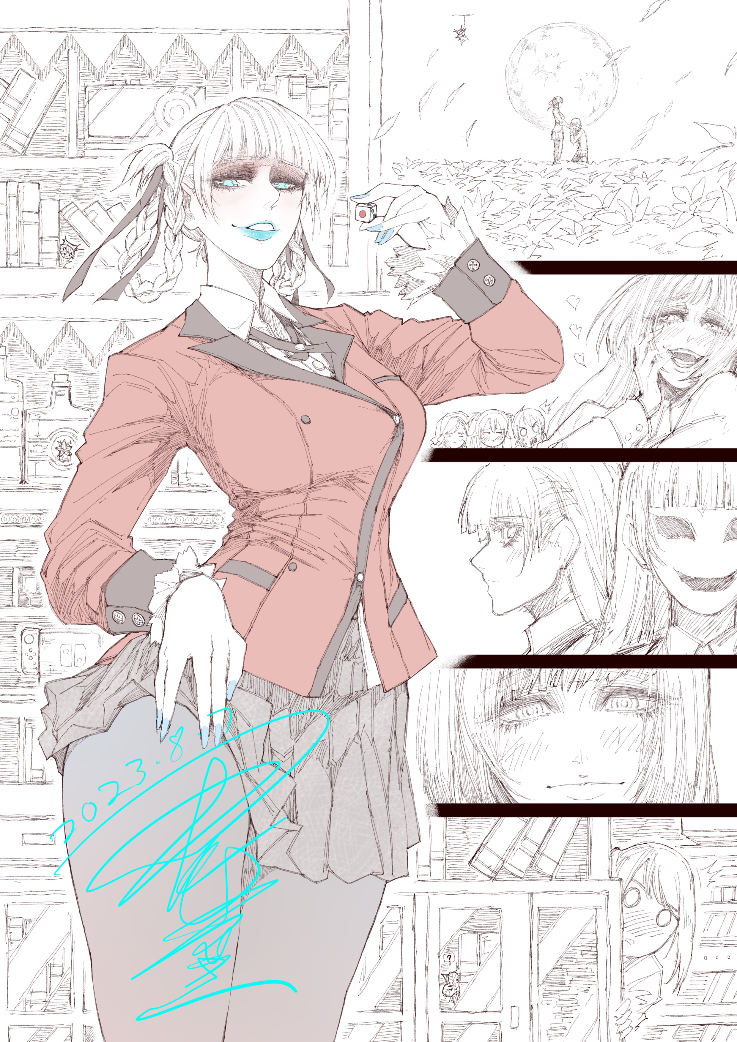 jun wu mo, jabami yumeko, momobami kirari, saotome mary, kakegurui, absurdres, character request, highres, 4girls, black pantyhose, black skirt, blue eyes, blue nails, blunt bangs, book, dated, dice, hair ribbon, hair rings, lifting own clothes, lipstick, makeup, medium hair, multiple girls, pale skin, pantyhose, parted lips, peeking, red shirt, ribbon, school uniform, shirt, skirt, white hair