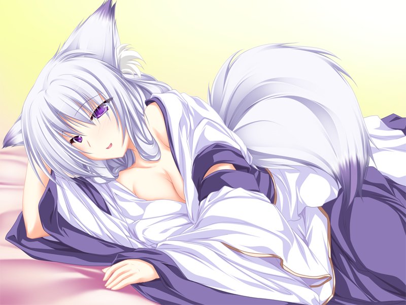 tenmaso, kuzuha, kuzuha (inakoi), inakoi, game cg, 1girl, :d, animal ears, arm behind head, arm support, bed, blush, breasts, cleavage, detached sleeves, eyes visible through hair, female focus, fox ears, fox tail, gradient background, indoors, japanese clothes, long hair, lying, mature female, medium breasts, miko, on bed, on side, open mouth, purple eyes, sleeves past wrists, smile, solo, tail, white hair, wolf ears