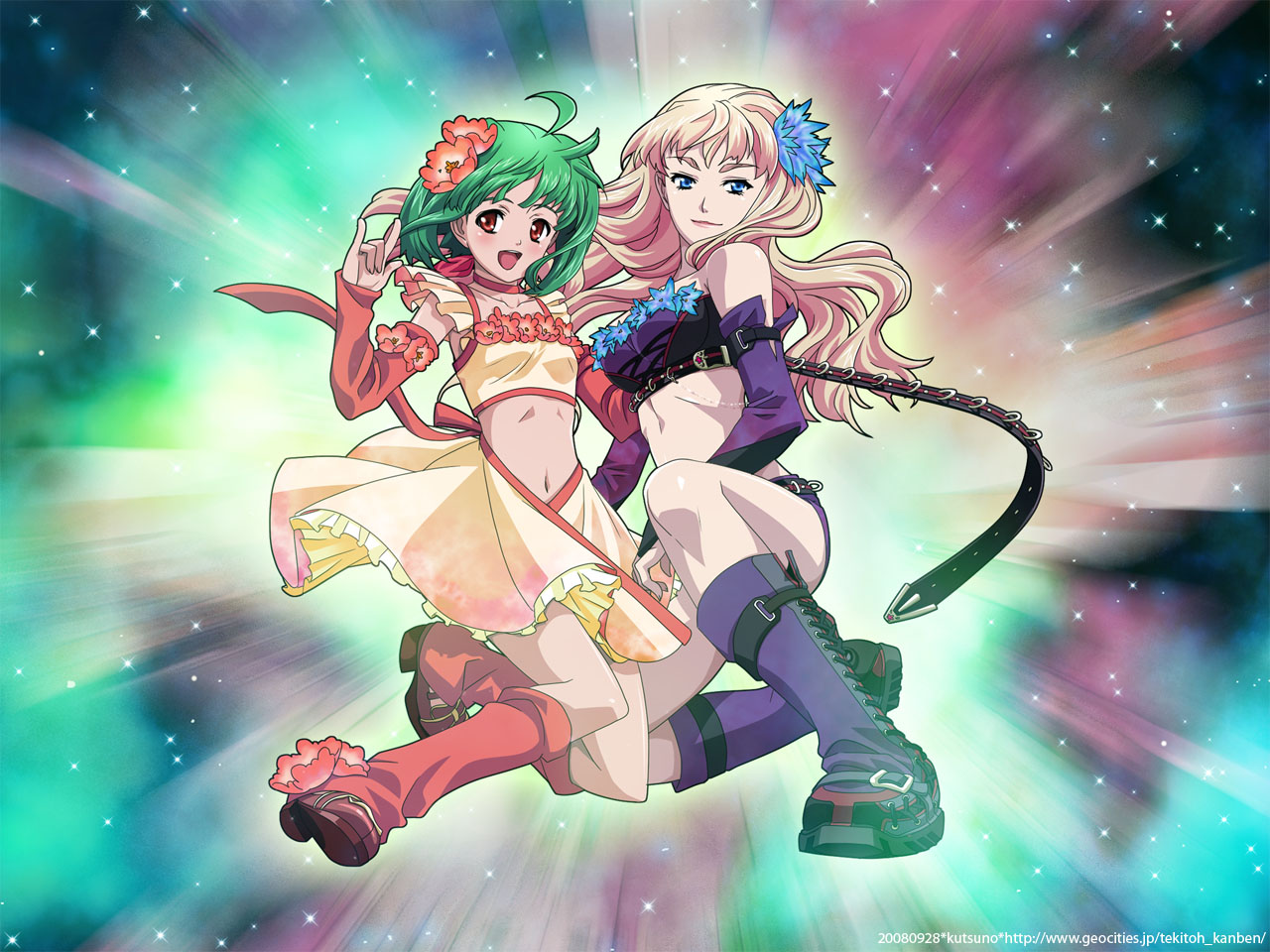 kutsuno, ranka lee, sheryl nome, macross, macross frontier, light, 00s, 2girls, m/, belt, blonde hair, blue eyes, blush, boots, chain, flower, gloves, green hair, long hair, multiple girls, red eyes, short hair, smile, star (symbol), twintails